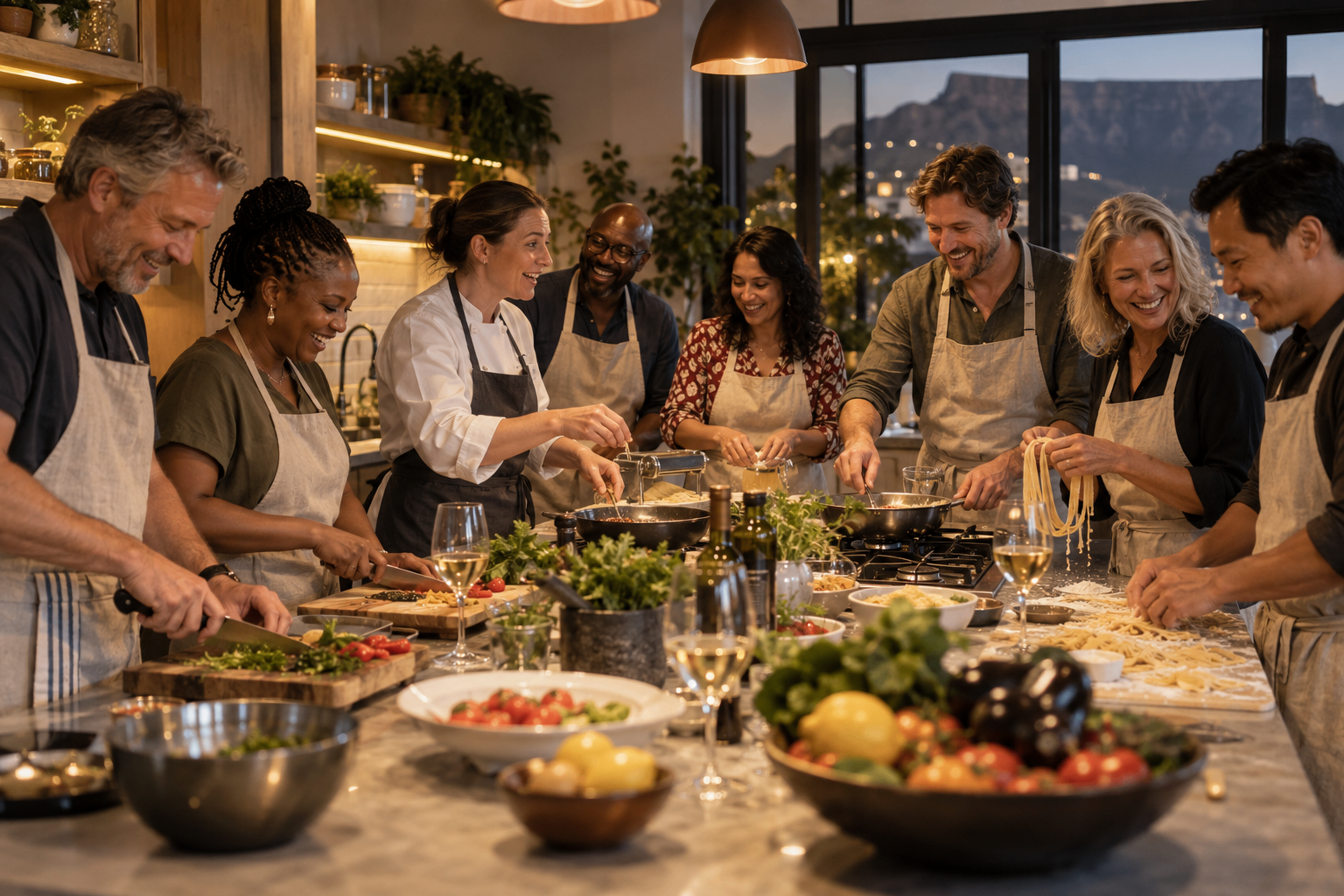 Friends chopping and cooking side by side at a social cooking experience